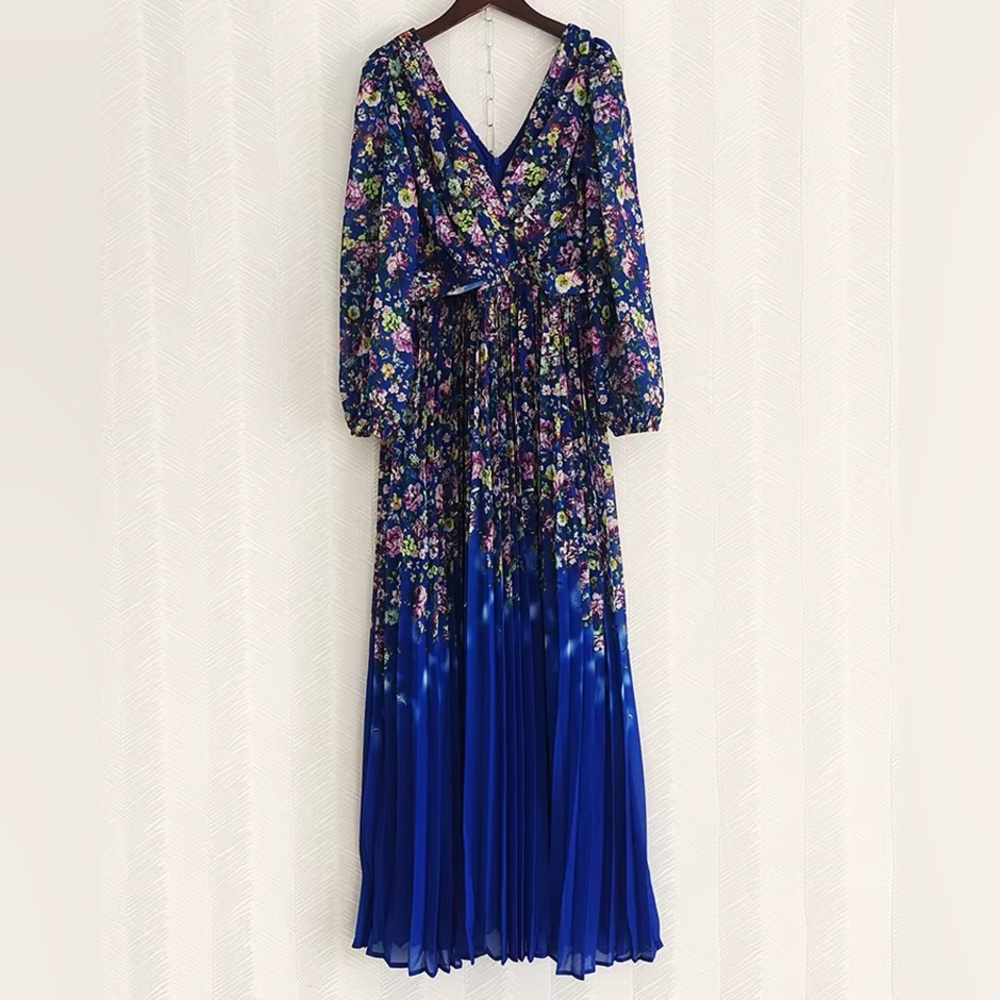 Floral Blue Maxi Dress with Long Sleeves